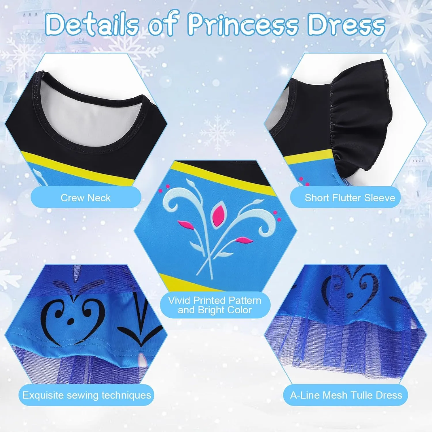 HenzWorld Princess Costume for Girls Halloween Dress up Birthday Gifts Party Flutter Sleeve Tulle Dresses Cosplay Outfits
