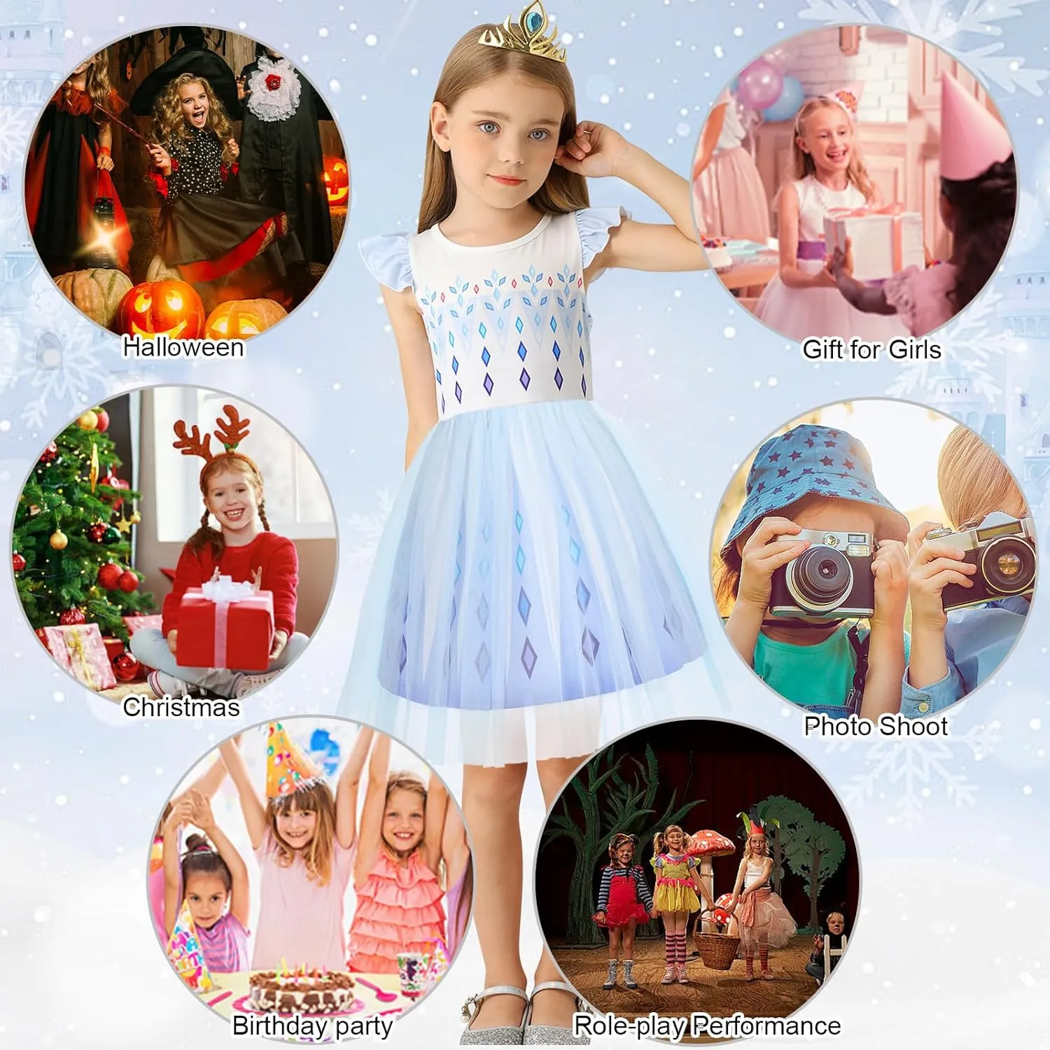 HenzWorld Princess Costume for Girls Halloween Dress up Birthday Gifts Party Flutter Sleeve Tulle Dresses Cosplay Outfits