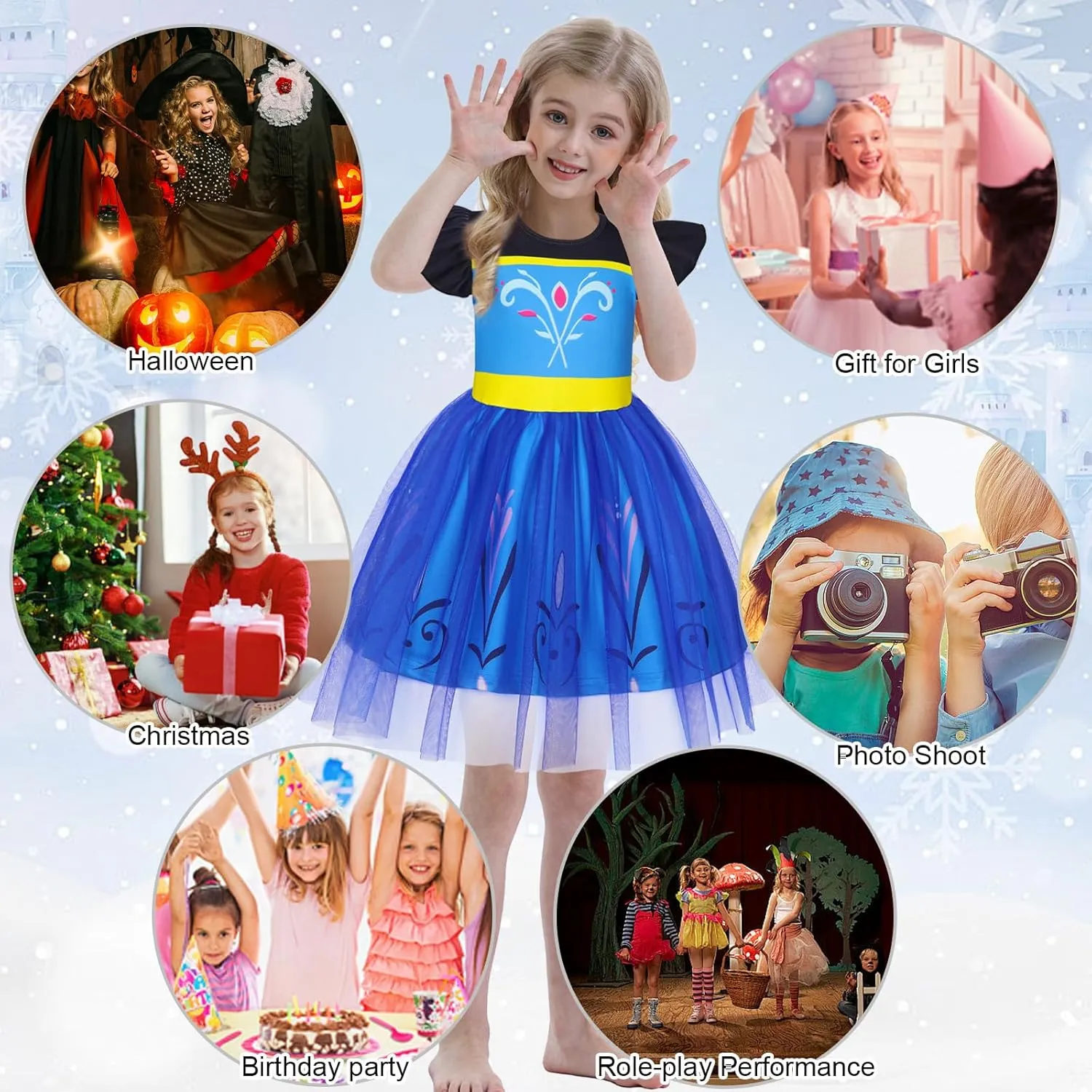 HenzWorld Princess Costume for Girls Halloween Dress up Birthday Gifts Party Flutter Sleeve Tulle Dresses Cosplay Outfits