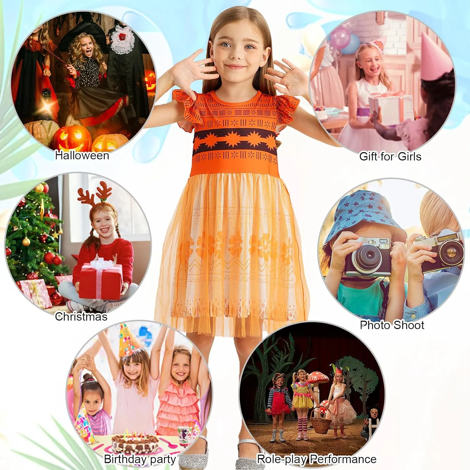 HenzWorld Princess Costume for Girls Halloween Dress up Birthday Gifts Party Flutter Sleeve Tulle Dresses Cosplay Outfits