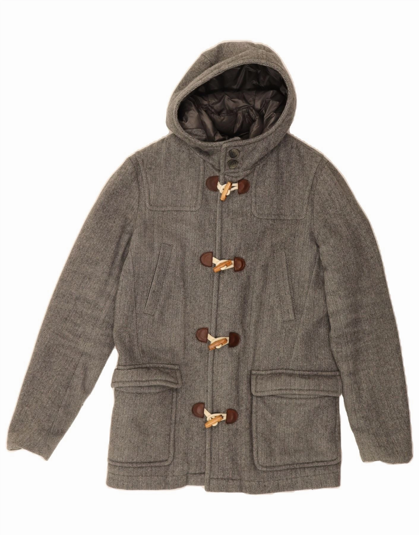 HERNO Boys Hooded Duffle Coat 13-14 Years Grey Herringbone Wool HiddenStorage