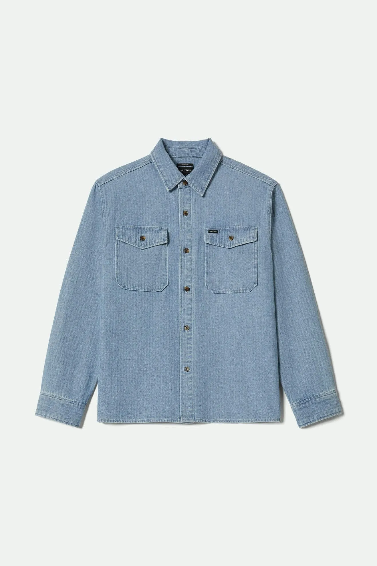 Neutral Tone Flexible Knit Herringbone Relaxed L/S Overshirt - Light Wash Denim Herringbone