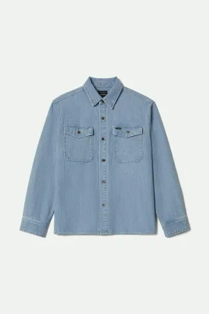 Neutral Tone Flexible Knit Herringbone Relaxed L/S Overshirt - Light Wash Denim Herringbone