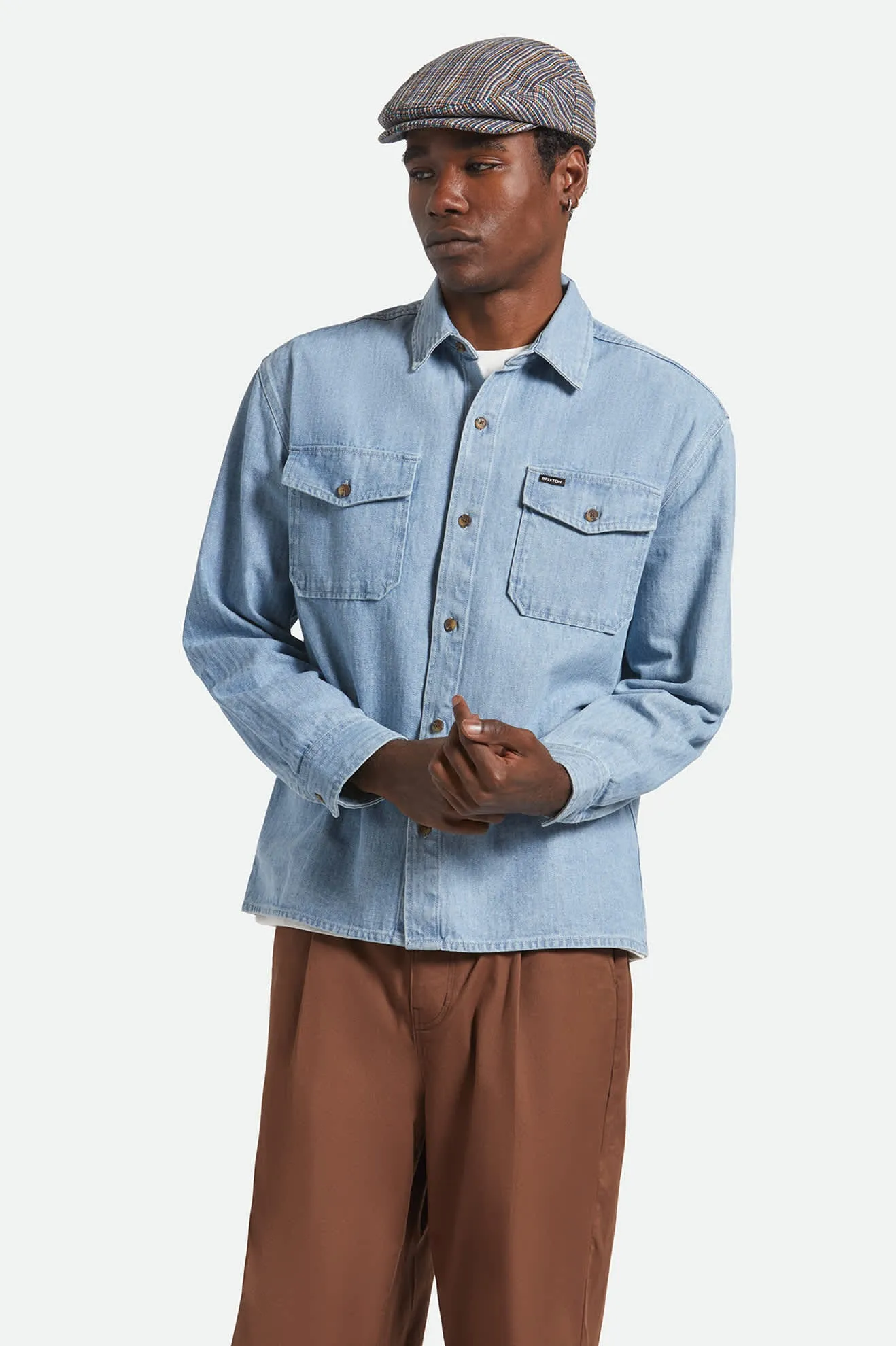 Solid Hue Herringbone Relaxed L/S Overshirt - Light Wash Denim Herringbone