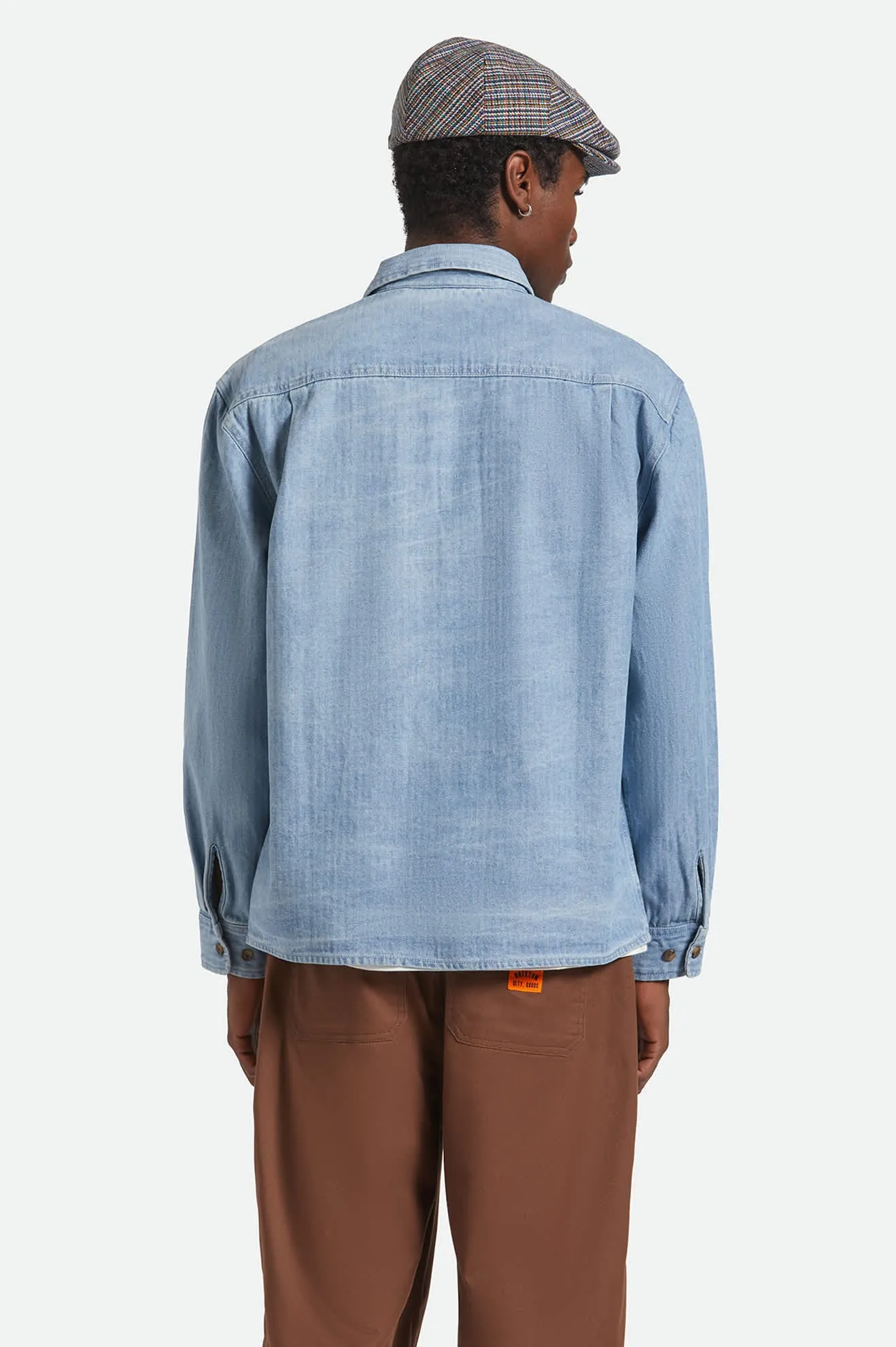 Quick Release Placket Versatile Outfit Herringbone Relaxed L/S Overshirt - Light Wash Denim Herringbone