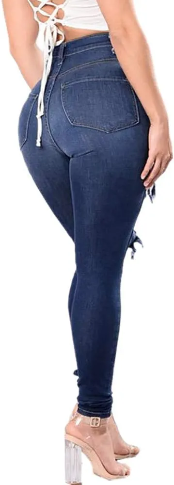 High Waisted Jeans, Women's Hight Waisted Stretch Ripped Skinny Jeans Distressed Denim Pants
