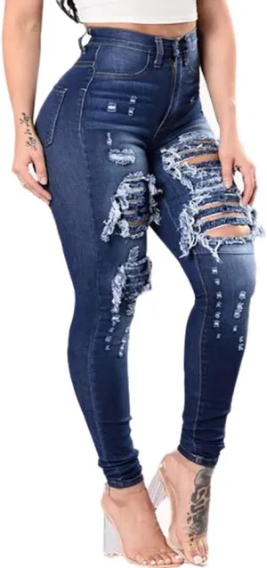 High Waisted Jeans, Women's Hight Waisted Stretch Ripped Skinny Jeans Distressed Denim Pants