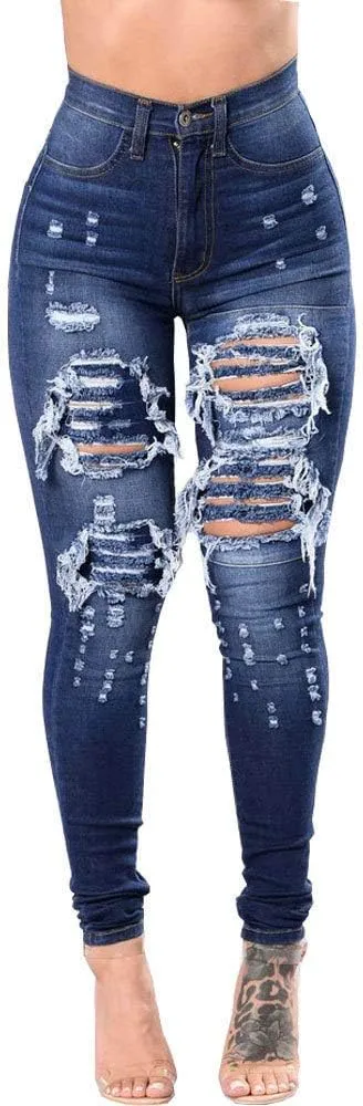High Waisted Jeans, Women's Hight Waisted Stretch Ripped Skinny Jeans Distressed Denim Pants