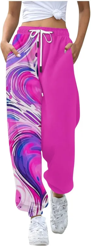 High Waisted Pants for Women Petite Colorblock Sweatpant Drawstring Gradient Bottom High Waist Jogger Lounge Trousers