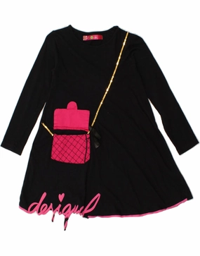 DESIGUAL Girls Graphic A-Line Dress 7-8 Years Black Cotton Perfect Layers All Wear