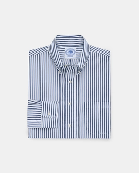 Made-in-Canada Navy Butcher Stripe Broadcloth Button Down Shirt - Classic Fit Snag Resistant Fabric Polo Style