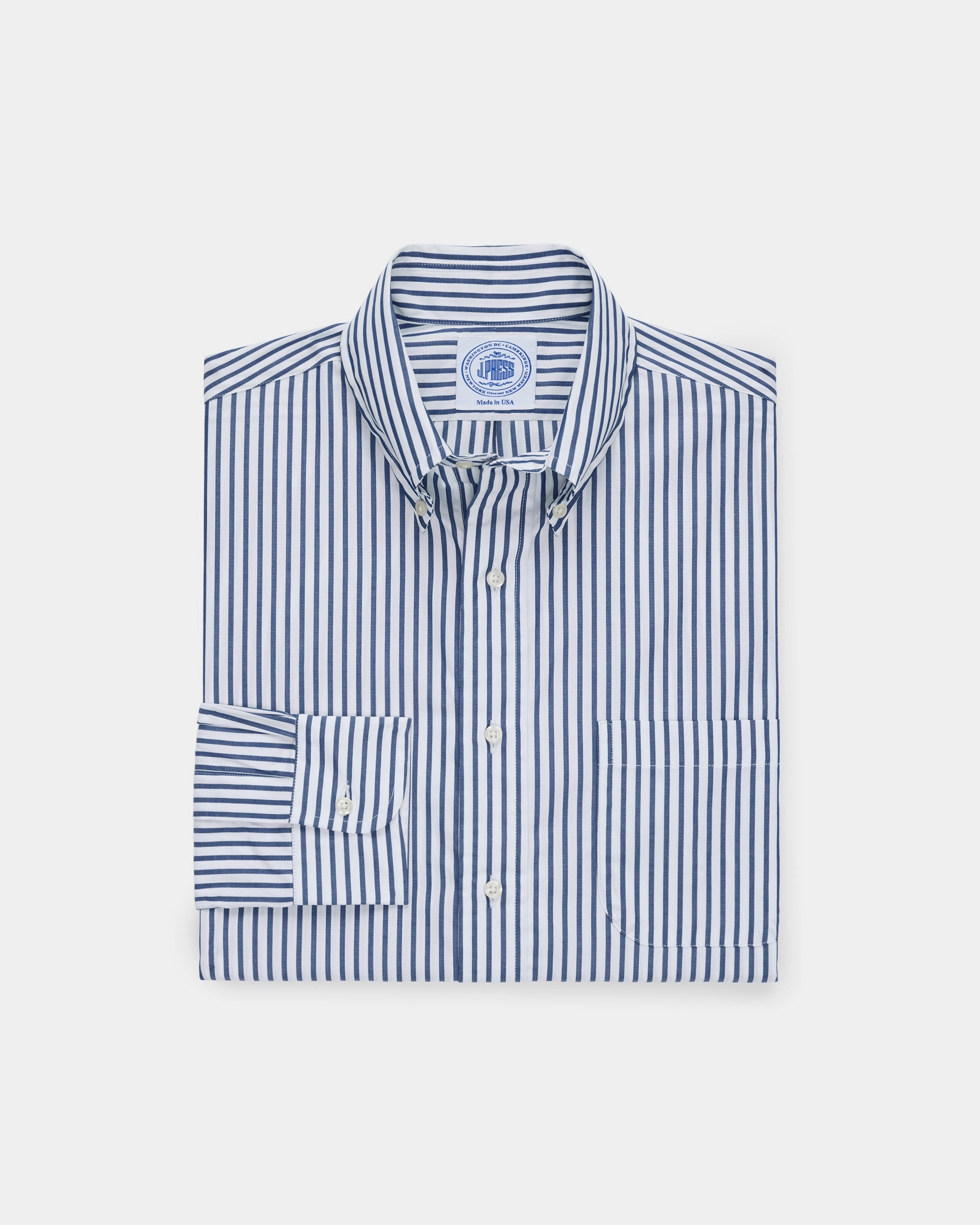 Made-in-Canada Navy Butcher Stripe Broadcloth Button Down Shirt - Classic Fit Snag Resistant Fabric Polo Style