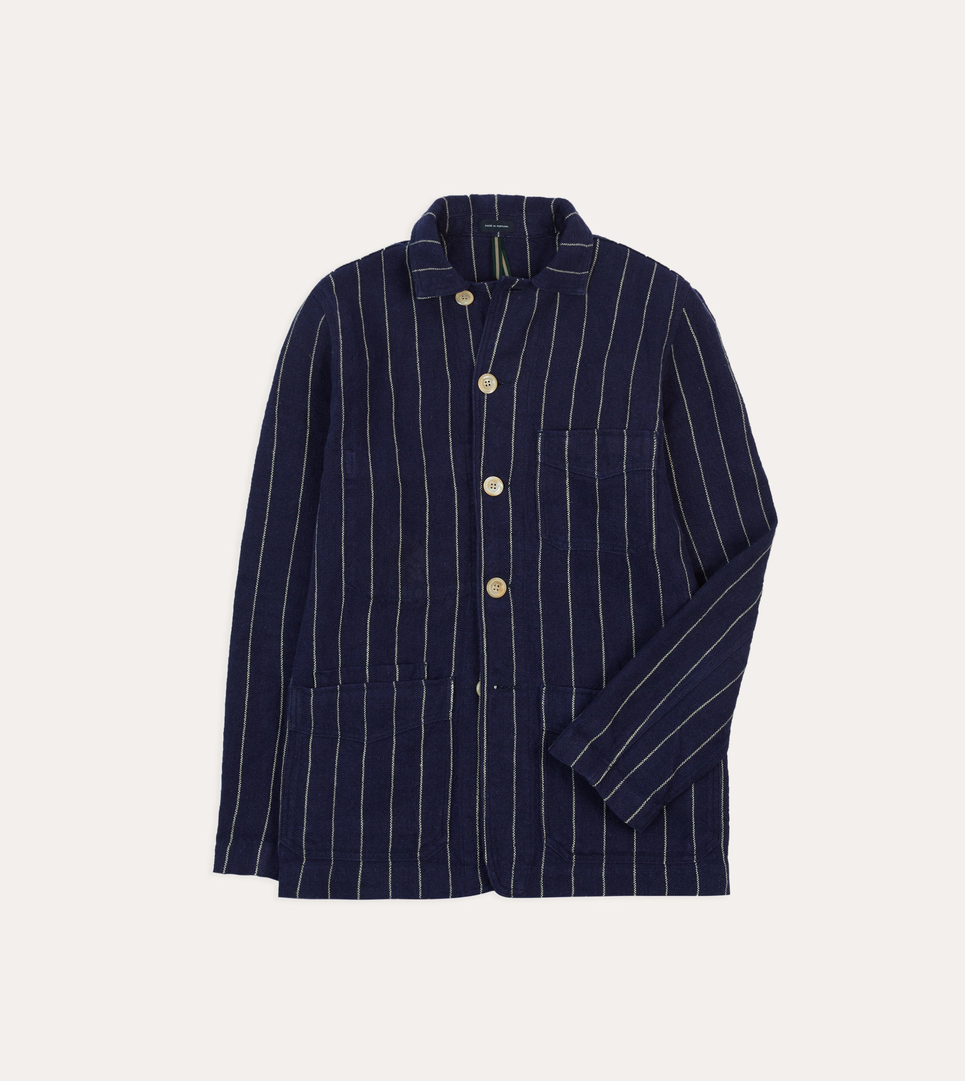 Navy Pinstripe Heavy Linen Five-Pocket Chore Jacket Reinforced Elbow Patches