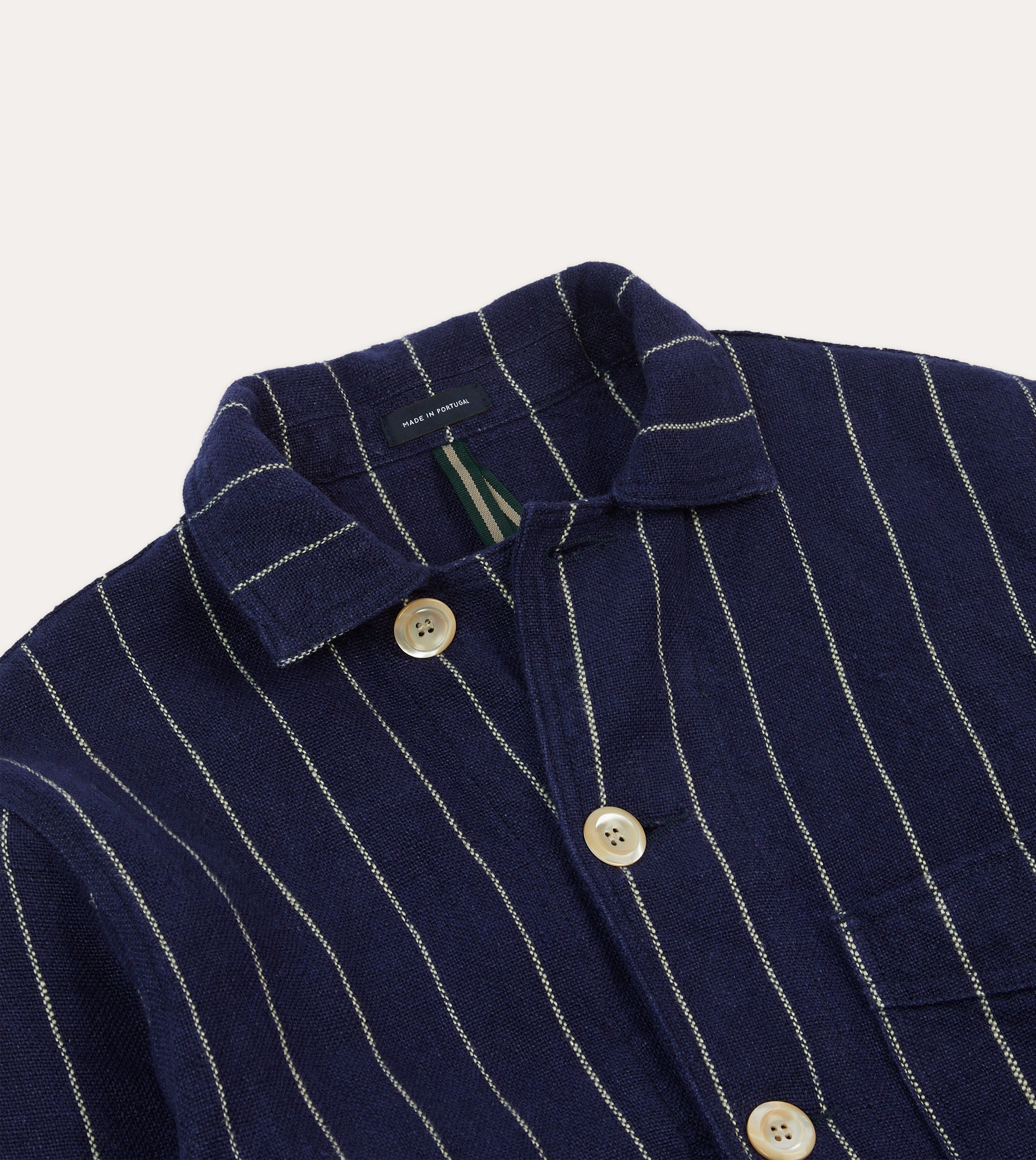 Navy Pinstripe Heavy Linen Five-Pocket Chore Jacket Sporty Look