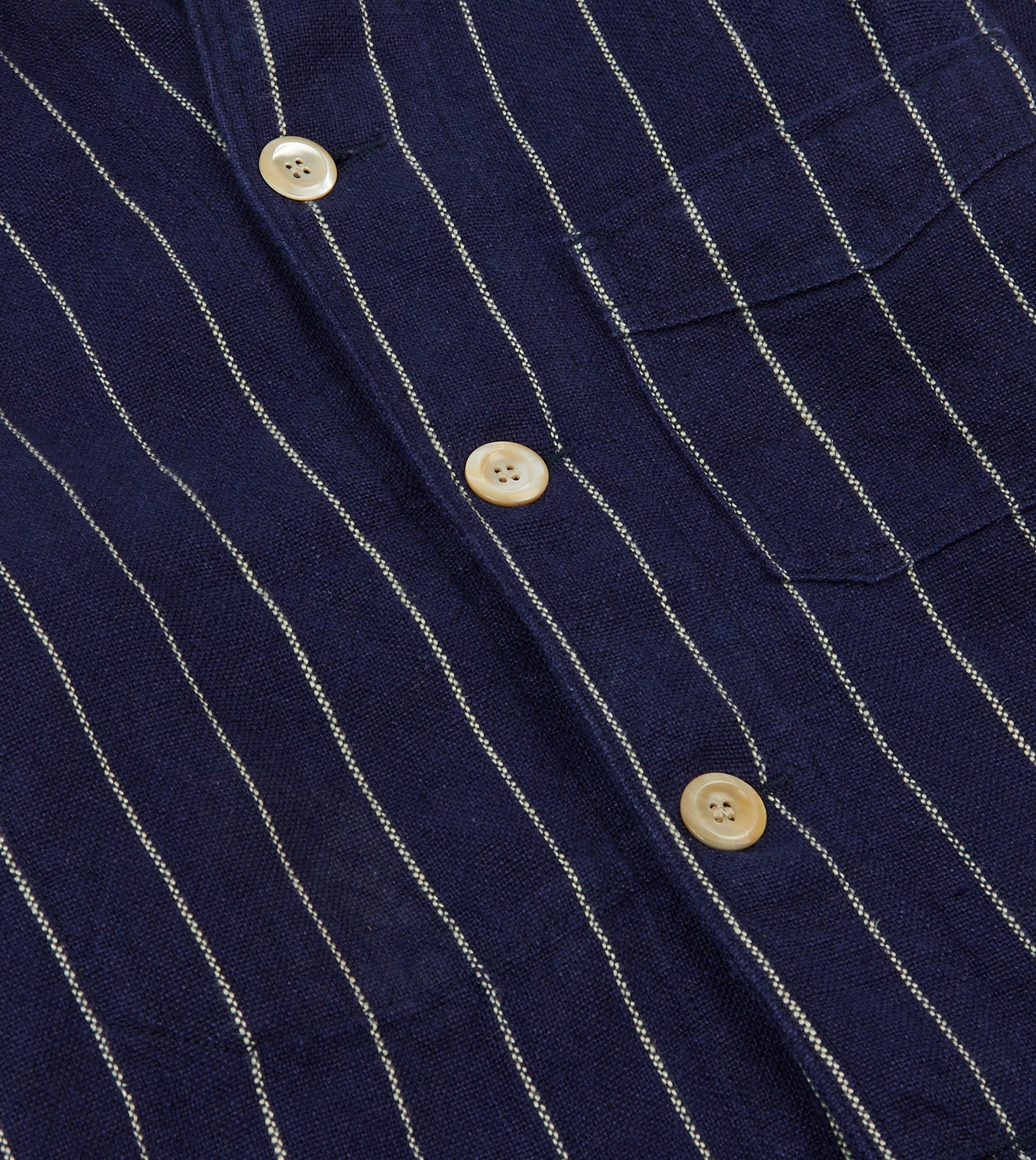 Navy Pinstripe Heavy Linen Five-Pocket Chore Jacket sunglasses Eyeliner