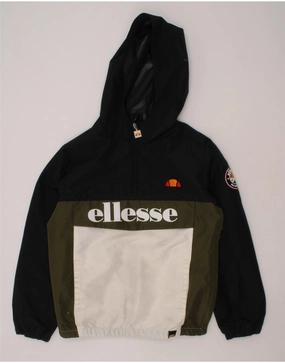 ELLESSE Boys Graphic Hooded Anorak Jacket 8-9 Years Black Colourblock Adjustable Hem Layered Collar Design