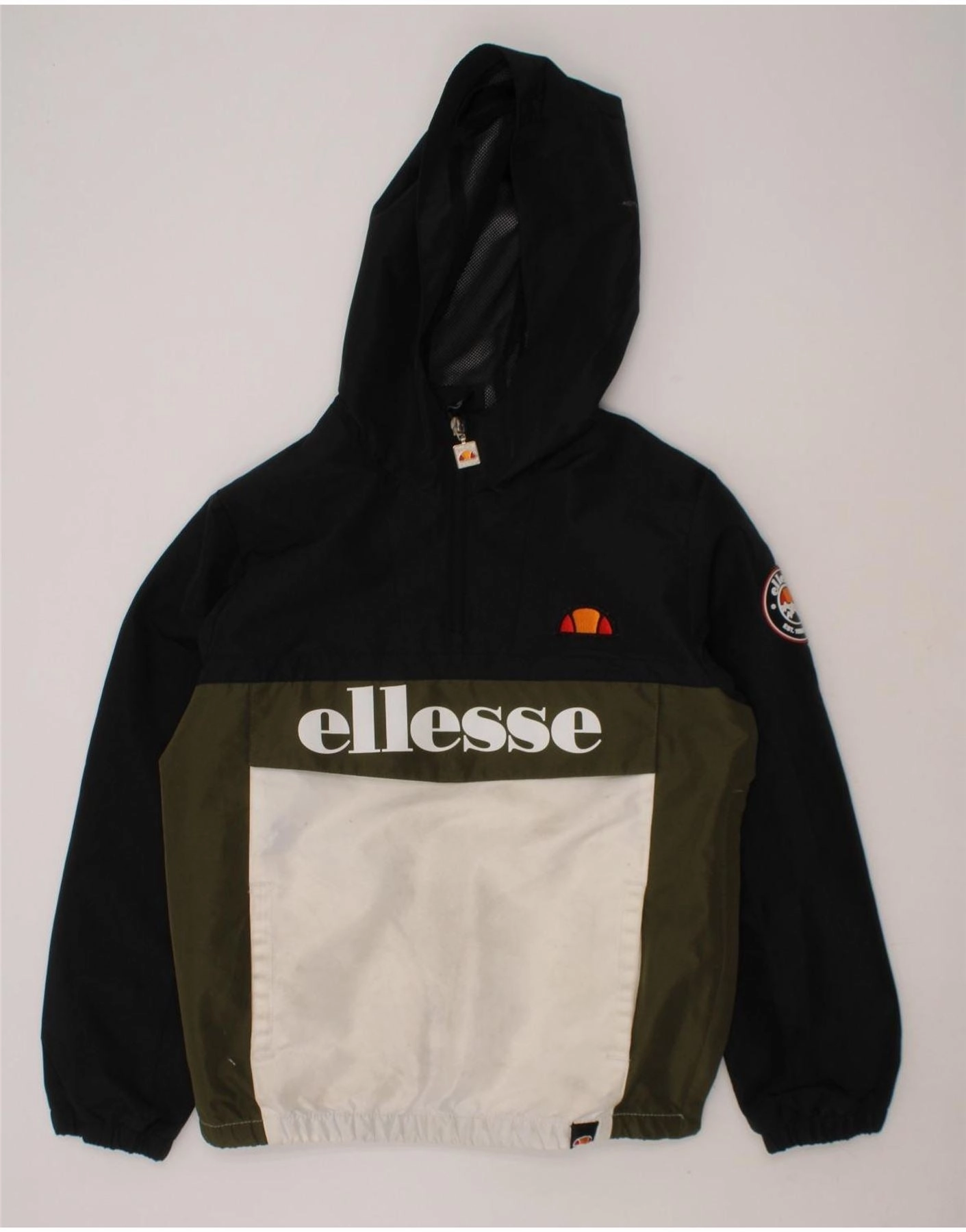 ELLESSE Boys Graphic Hooded Anorak Jacket 8-9 Years Black Colourblock Adjustable Hem Layered Collar Design