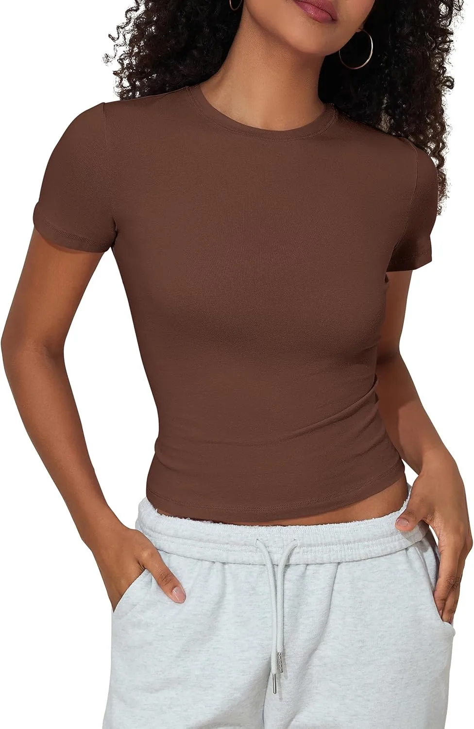 Hilor Women's Casual Basic T-Shirts Going Out Crop Tops Cotton Short Sleeve Tees Tight Fitted Crewneck T Shirts