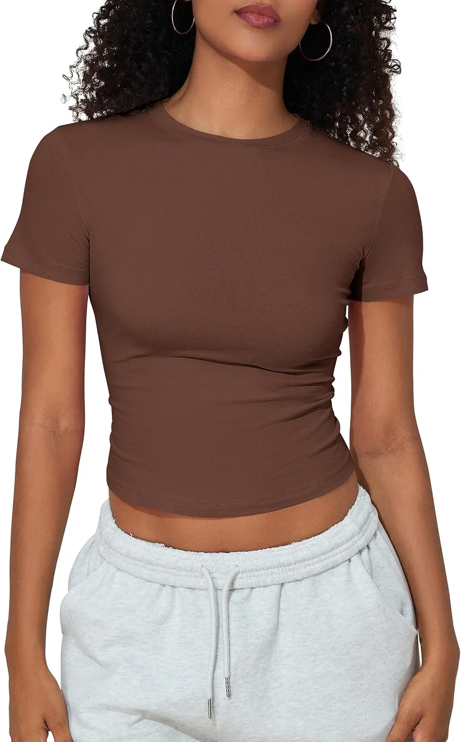 Hilor Women's Casual Basic T-Shirts Going Out Crop Tops Cotton Short Sleeve Tees Tight Fitted Crewneck T Shirts