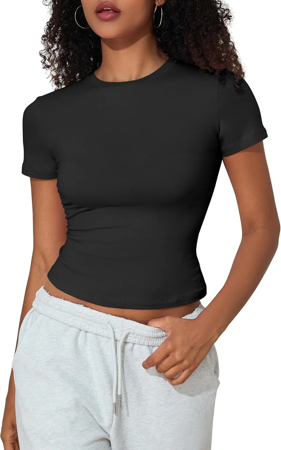 Hilor Women's Casual Basic T-Shirts Going Out Crop Tops Cotton Short Sleeve Tees Tight Fitted Crewneck T Shirts