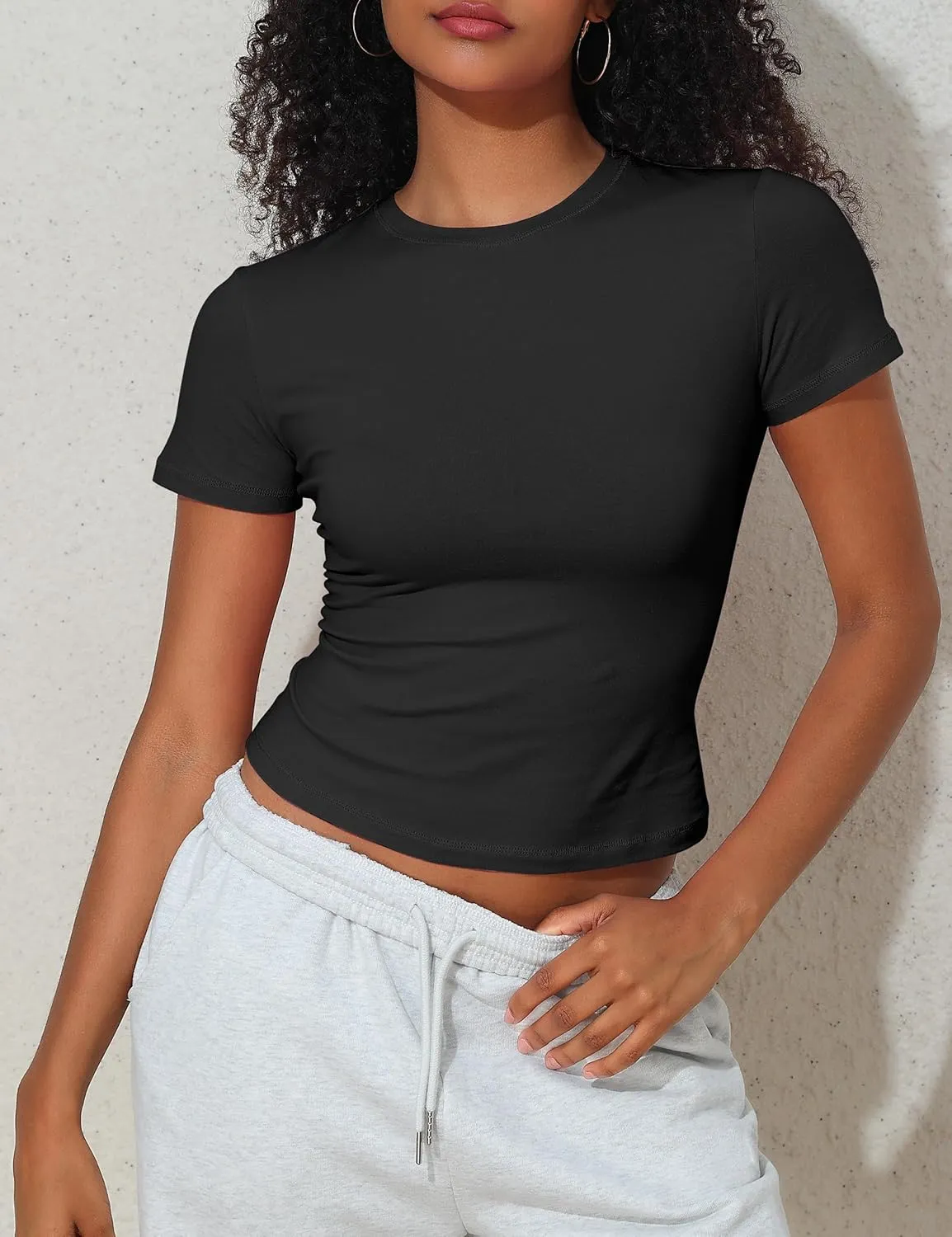 Hilor Women's Casual Basic T-Shirts Going Out Crop Tops Cotton Short Sleeve Tees Tight Fitted Crewneck T Shirts