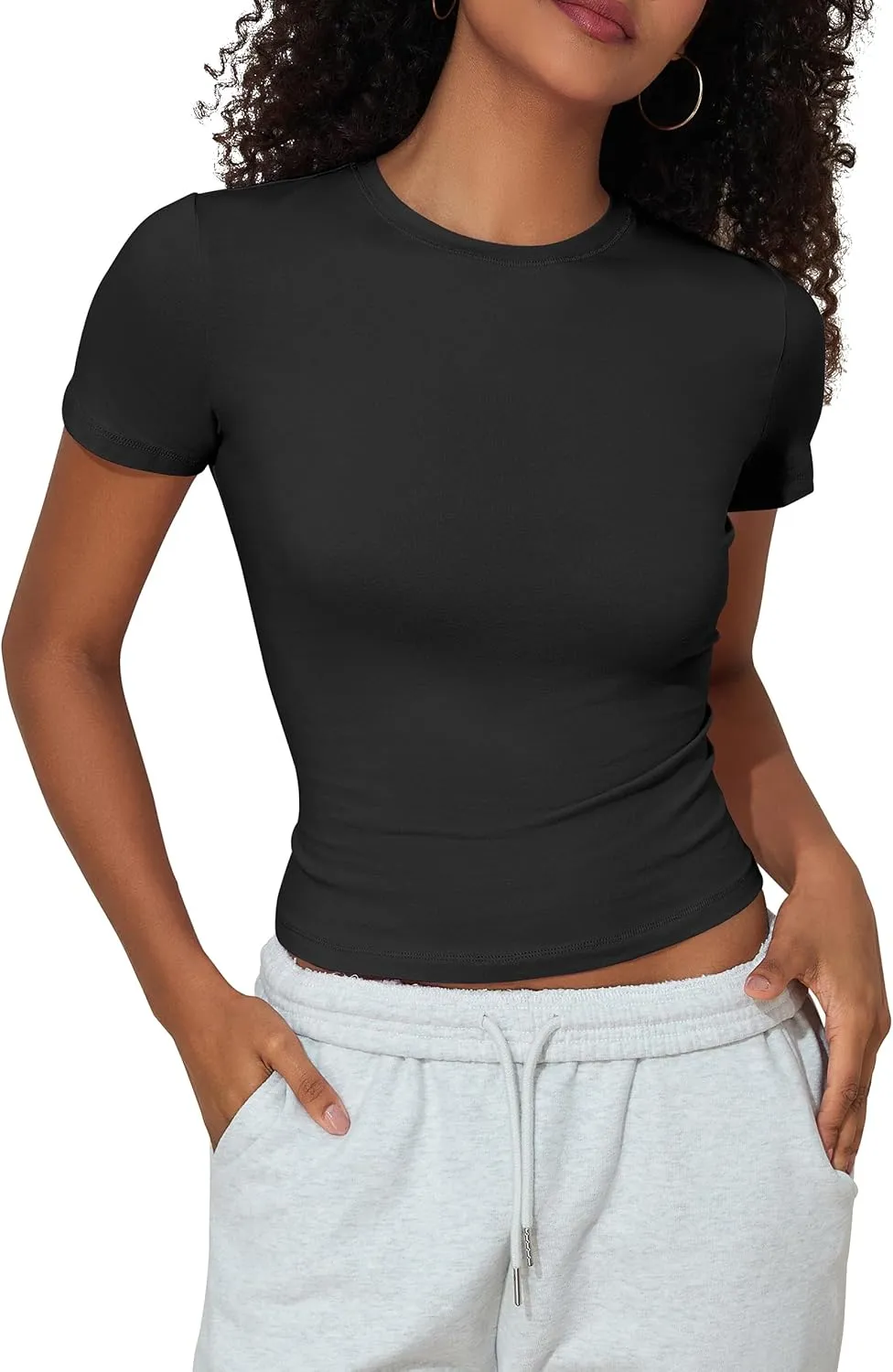 Hilor Women's Casual Basic T-Shirts Going Out Crop Tops Cotton Short Sleeve Tees Tight Fitted Crewneck T Shirts