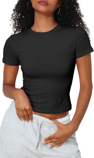 Hilor Women's Casual Basic T-Shirts Going Out Crop Tops Cotton Short Sleeve Tees Tight Fitted Crewneck T Shirts