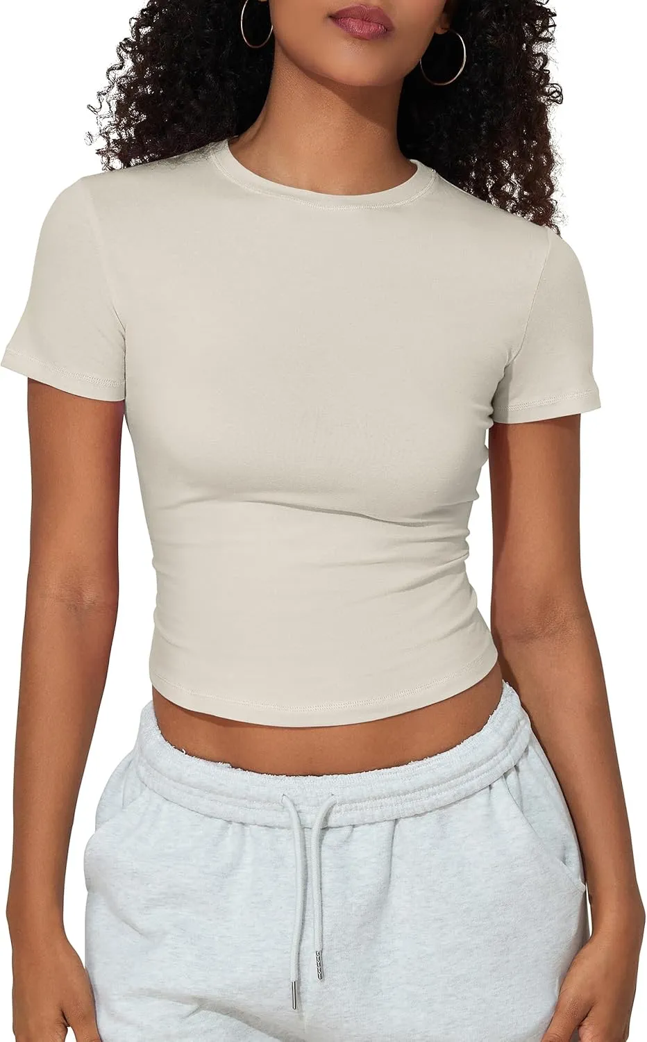 Hilor Women's Casual Basic T-Shirts Going Out Crop Tops Cotton Short Sleeve Tees Tight Fitted Crewneck T Shirts