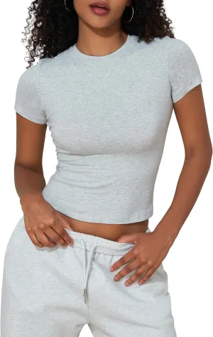 Hilor Women's Casual Basic T-Shirts Going Out Crop Tops Cotton Short Sleeve Tees Tight Fitted Crewneck T Shirts