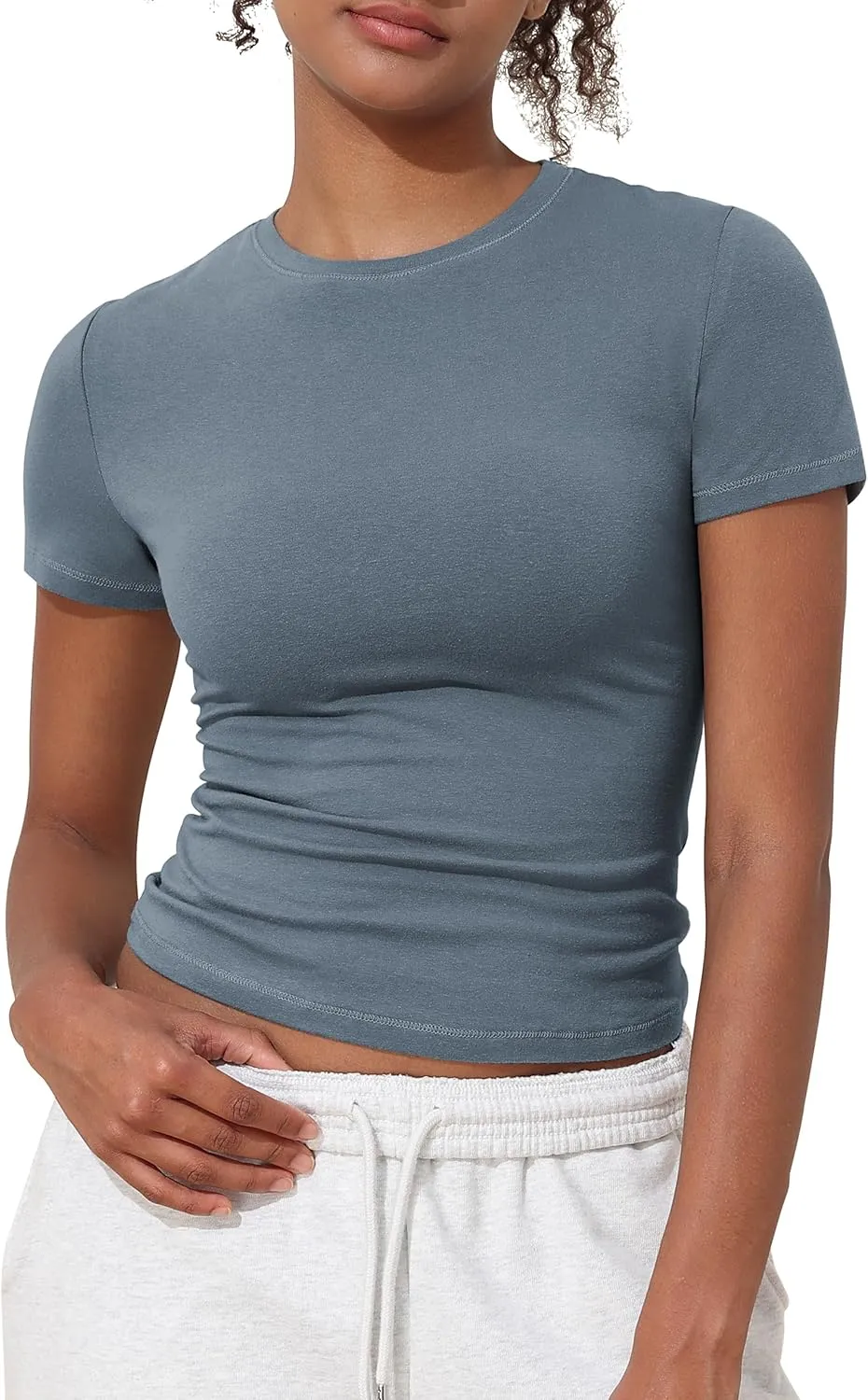 Hilor Women's Casual Basic T-Shirts Going Out Crop Tops Cotton Short Sleeve Tees Tight Fitted Crewneck T Shirts