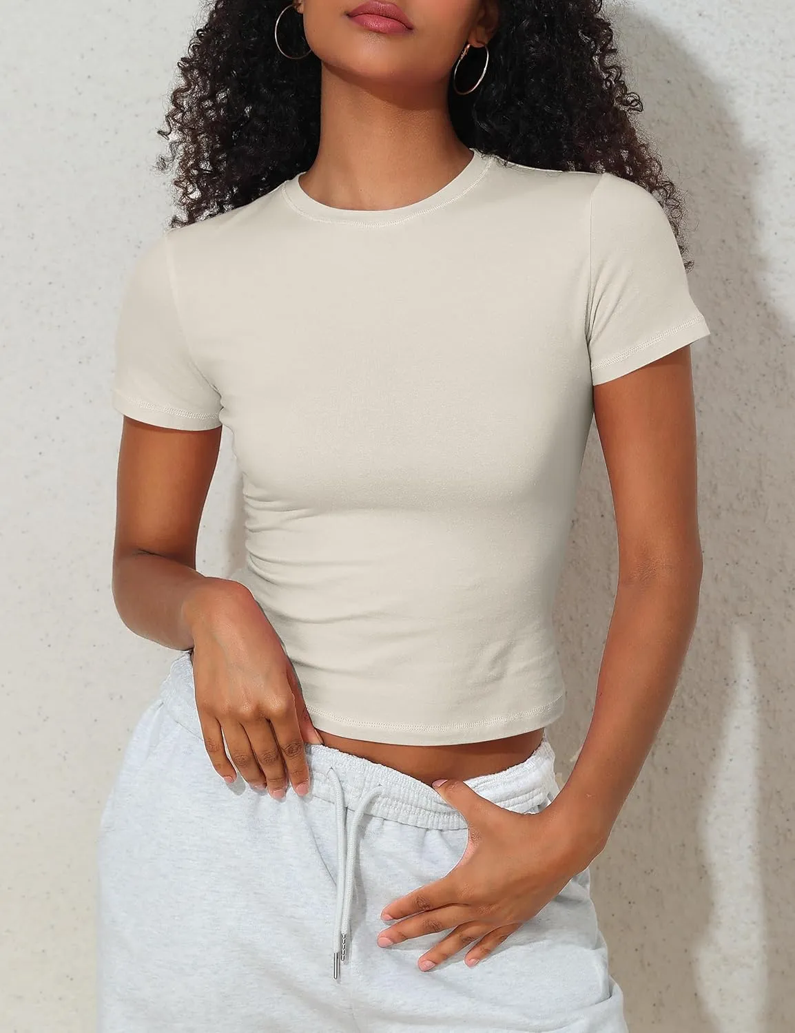 Hilor Women's Casual Basic T-Shirts Going Out Crop Tops Cotton Short Sleeve Tees Tight Fitted Crewneck T Shirts