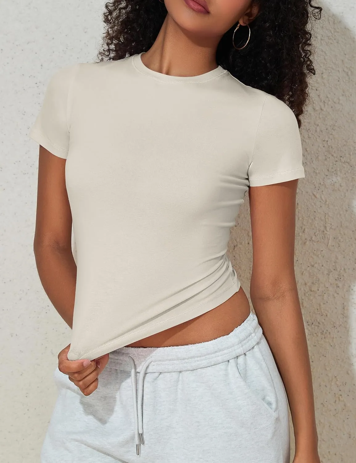 Hilor Women's Casual Basic T-Shirts Going Out Crop Tops Cotton Short Sleeve Tees Tight Fitted Crewneck T Shirts