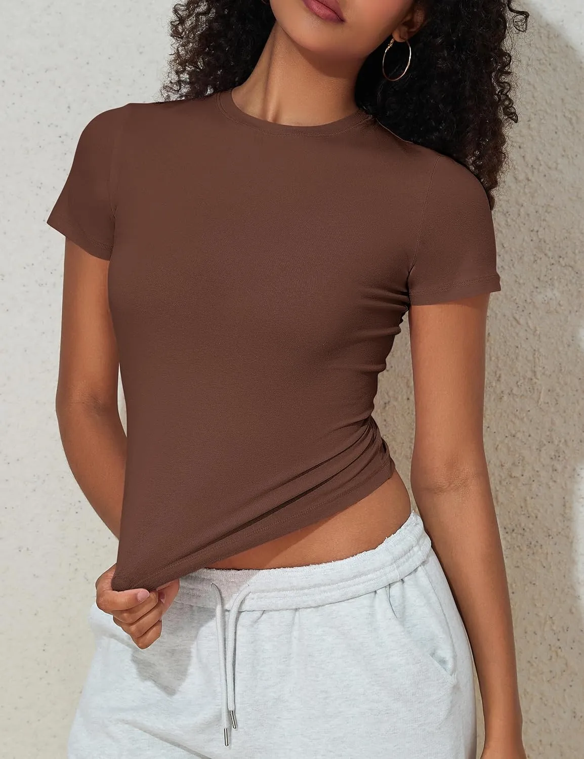 Hilor Women's Casual Basic T-Shirts Going Out Crop Tops Cotton Short Sleeve Tees Tight Fitted Crewneck T Shirts