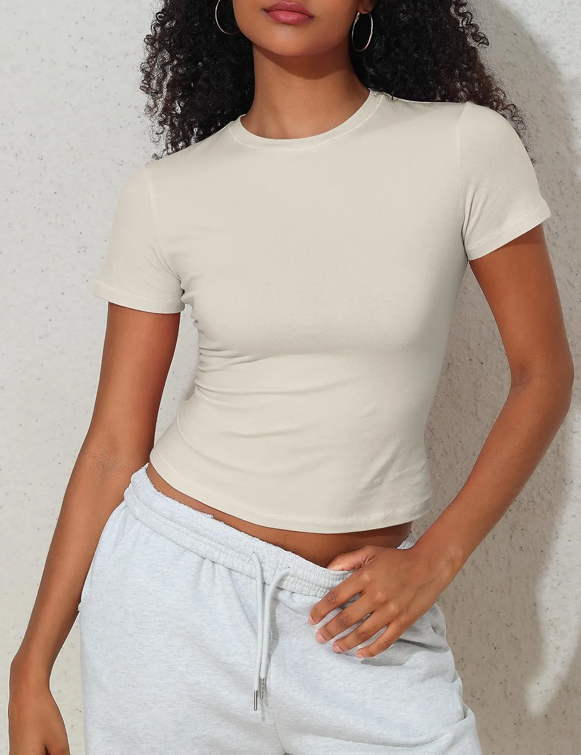 Hilor Women's Casual Basic T-Shirts Going Out Crop Tops Cotton Short Sleeve Tees Tight Fitted Crewneck T Shirts