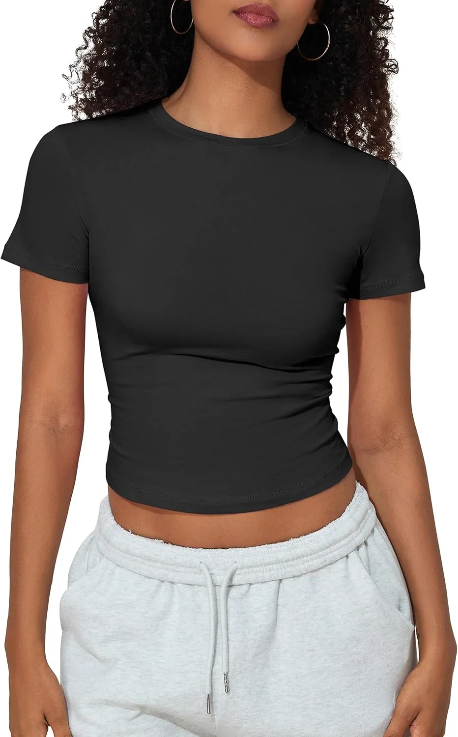 Hilor Women's Casual Basic T-Shirts Going Out Crop Tops Cotton Short Sleeve Tees Tight Fitted Crewneck T Shirts