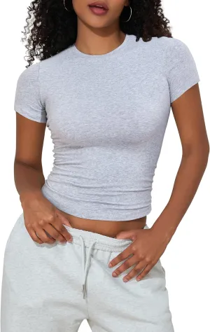 Hilor Women's Casual Basic T-Shirts Going Out Crop Tops Cotton Short Sleeve Tees Tight Fitted Crewneck T Shirts