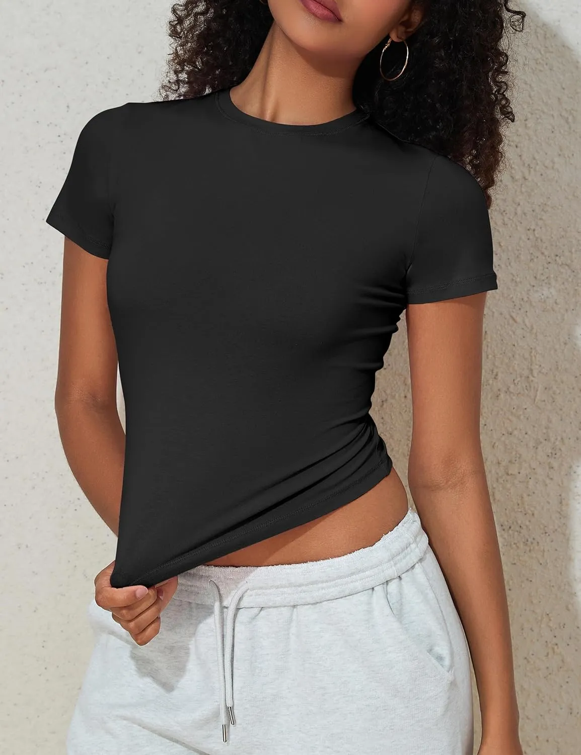 Hilor Women's Casual Basic T-Shirts Going Out Crop Tops Cotton Short Sleeve Tees Tight Fitted Crewneck T Shirts