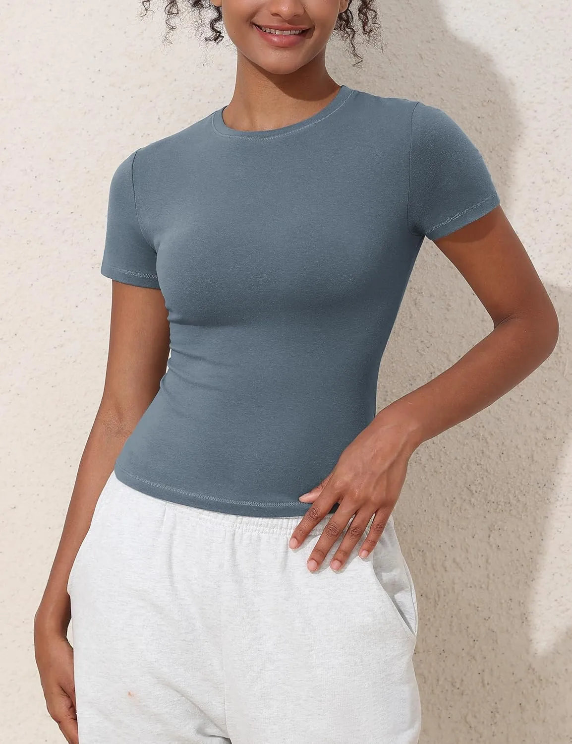 Hilor Women's Casual Basic T-Shirts Going Out Crop Tops Cotton Short Sleeve Tees Tight Fitted Crewneck T Shirts