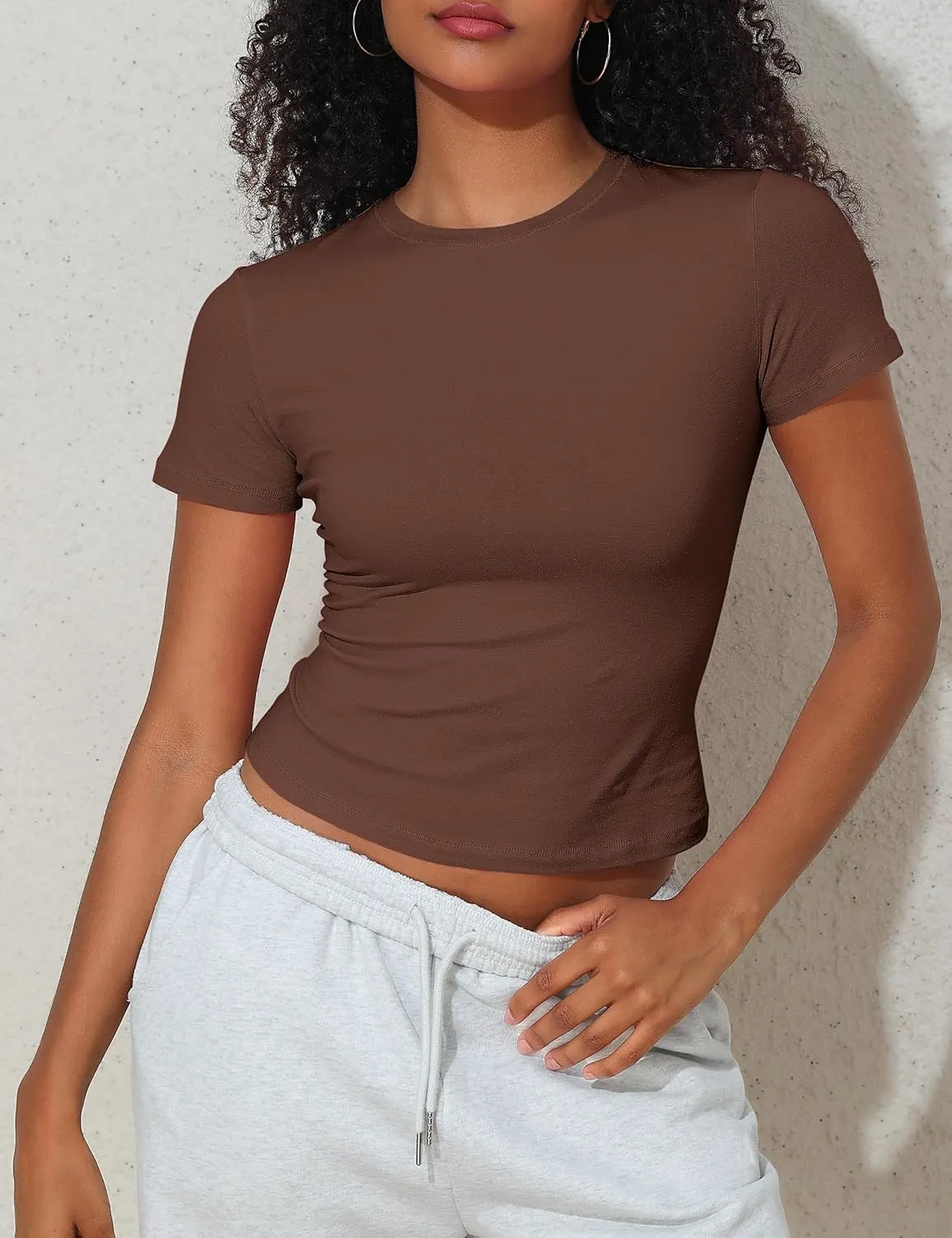 Hilor Women's Casual Basic T-Shirts Going Out Crop Tops Cotton Short Sleeve Tees Tight Fitted Crewneck T Shirts