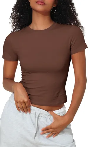 Hilor Women's Casual Basic T-Shirts Going Out Crop Tops Cotton Short Sleeve Tees Tight Fitted Crewneck T Shirts