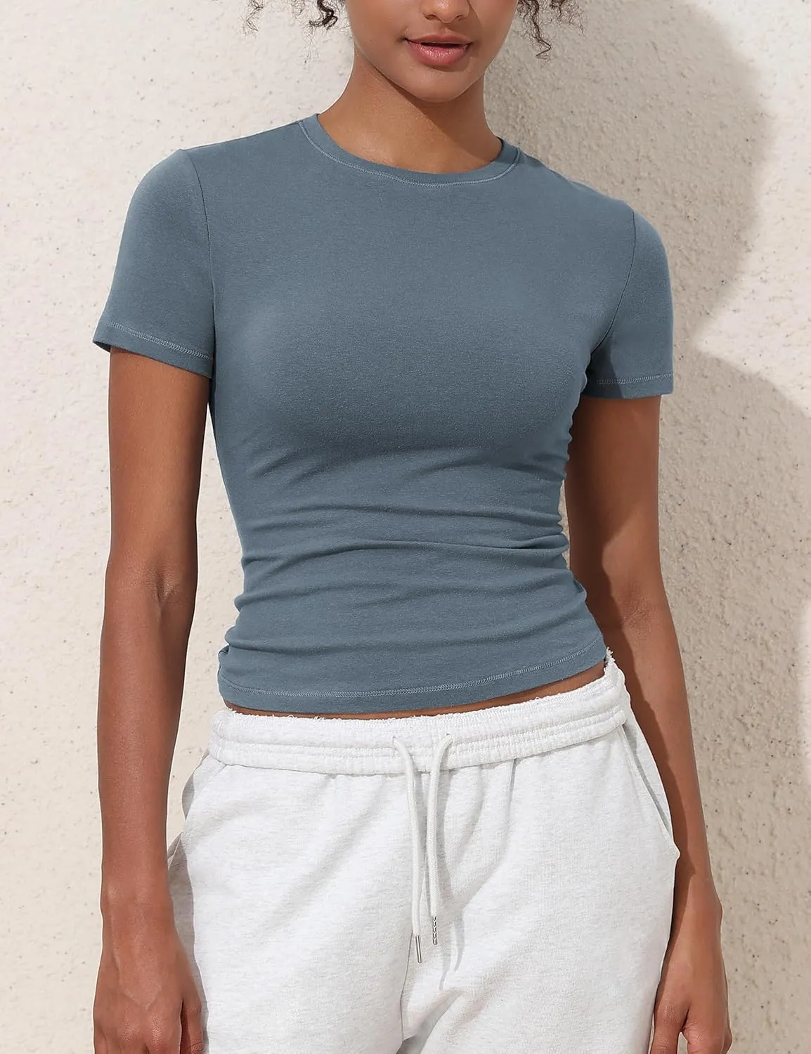 Hilor Women's Casual Basic T-Shirts Going Out Crop Tops Cotton Short Sleeve Tees Tight Fitted Crewneck T Shirts