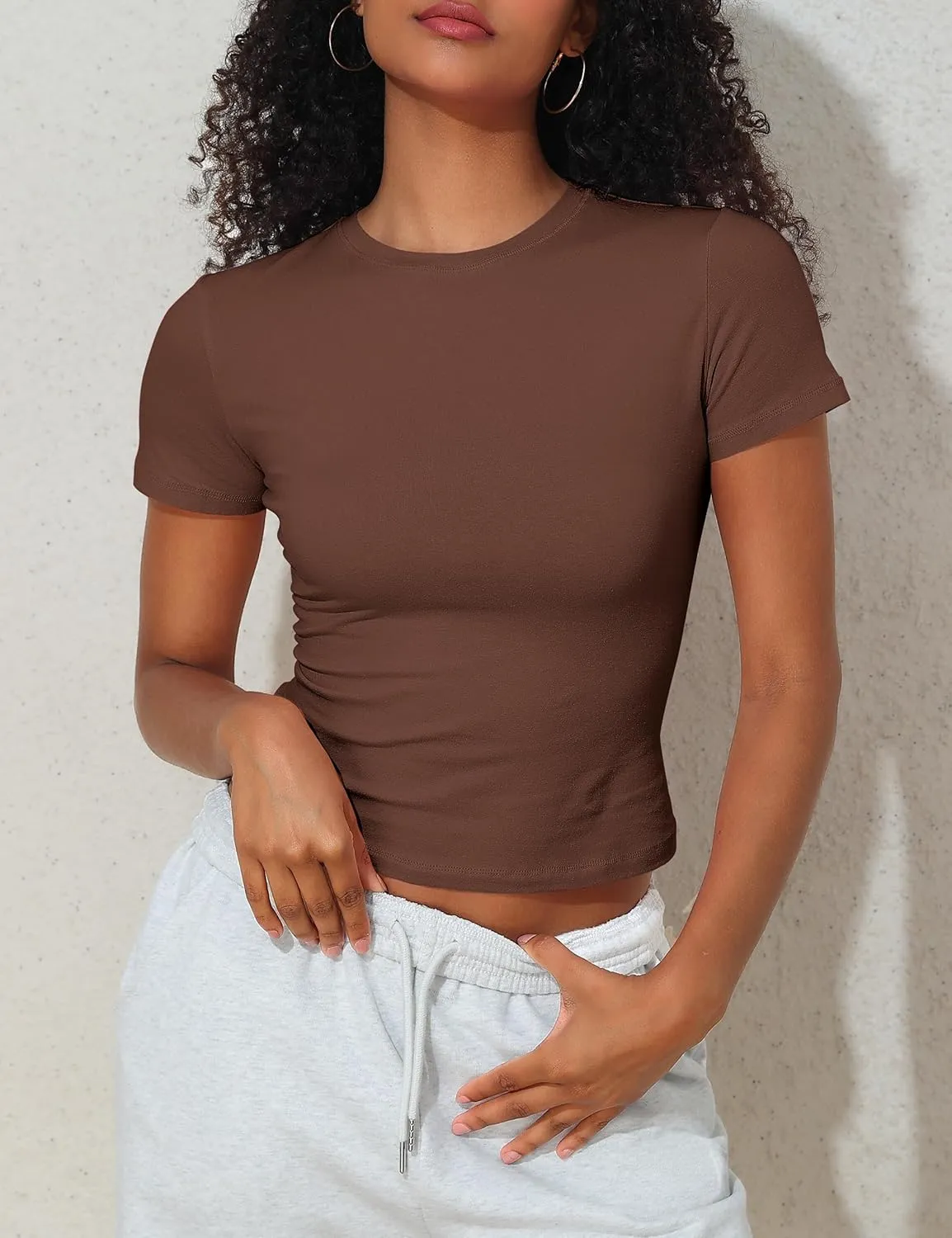 Hilor Women's Casual Basic T-Shirts Going Out Crop Tops Cotton Short Sleeve Tees Tight Fitted Crewneck T Shirts