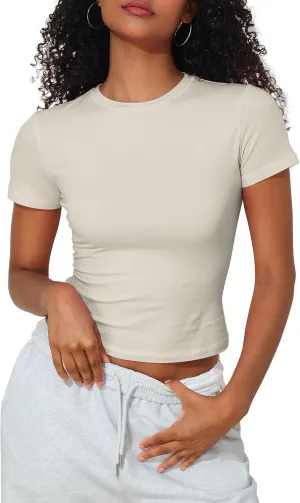 Hilor Women's Casual Basic T-Shirts Going Out Crop Tops Cotton Short Sleeve Tees Tight Fitted Crewneck T Shirts