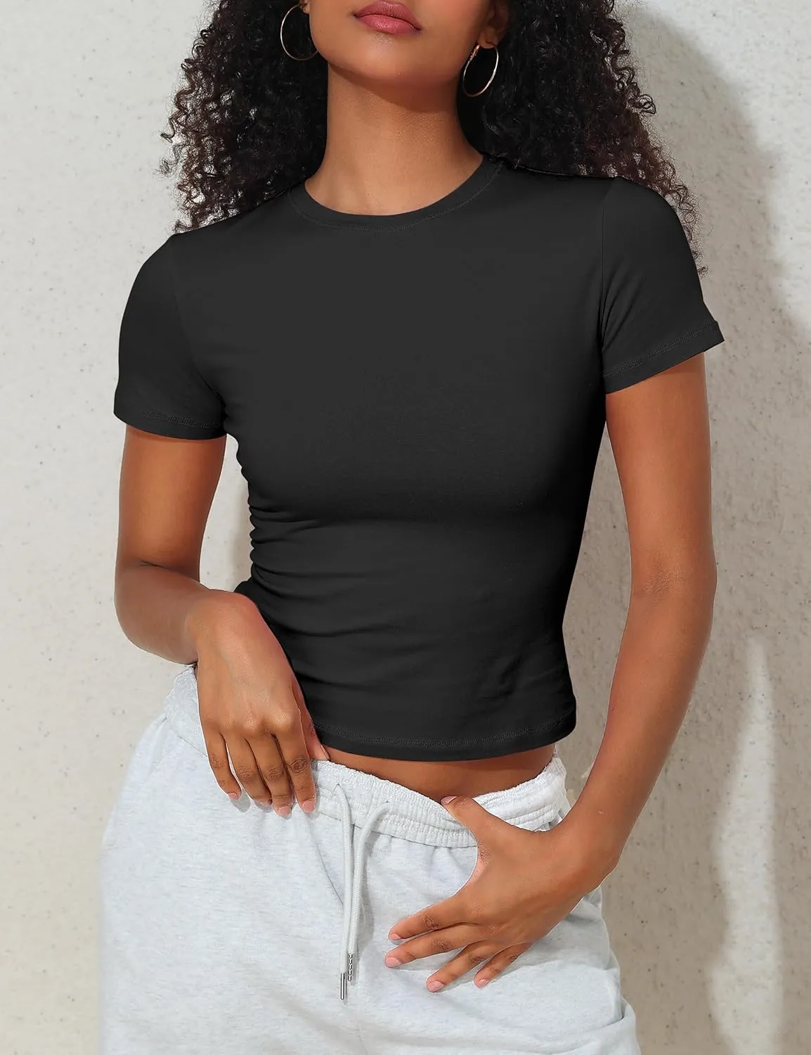 Hilor Women's Casual Basic T-Shirts Going Out Crop Tops Cotton Short Sleeve Tees Tight Fitted Crewneck T Shirts
