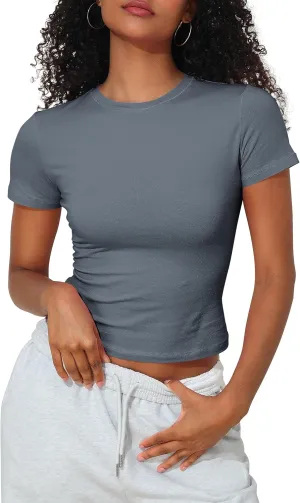 Hilor Women's Casual Basic T-Shirts Going Out Crop Tops Cotton Short Sleeve Tees Tight Fitted Crewneck T Shirts