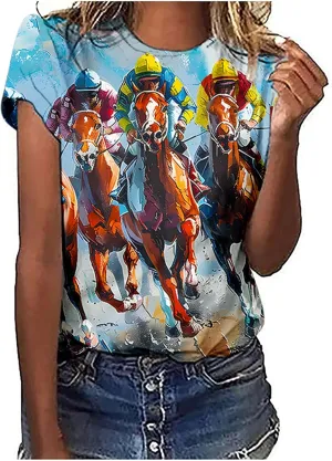 Horse Racing Shirts for Women Summer Casual Short Sleeve Tops Funny Graphic Tees Crewneck Loose Fit Tunic Blouses