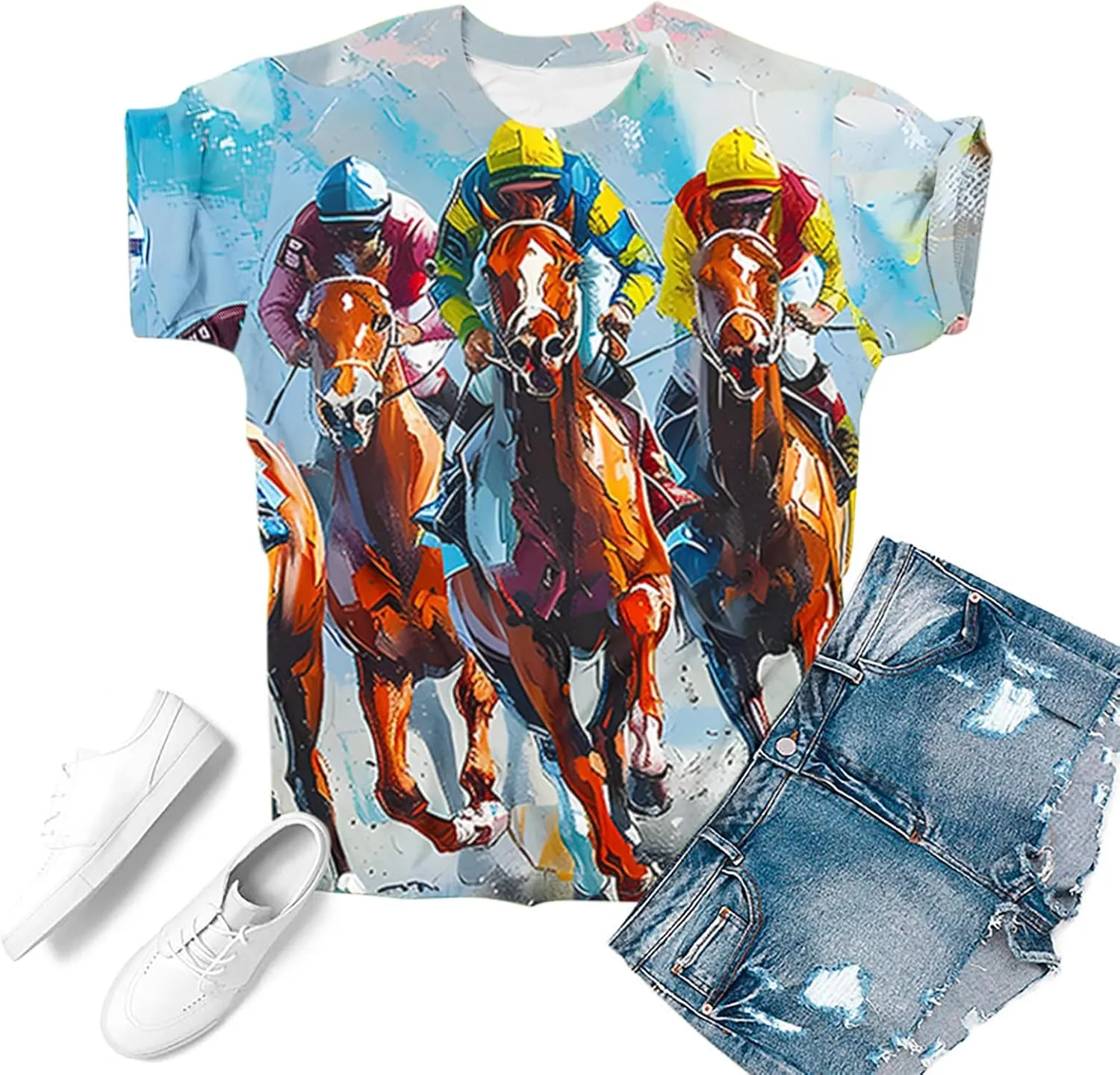 Horse Racing Shirts for Women Summer Casual Short Sleeve Tops Funny Graphic Tees Crewneck Loose Fit Tunic Blouses