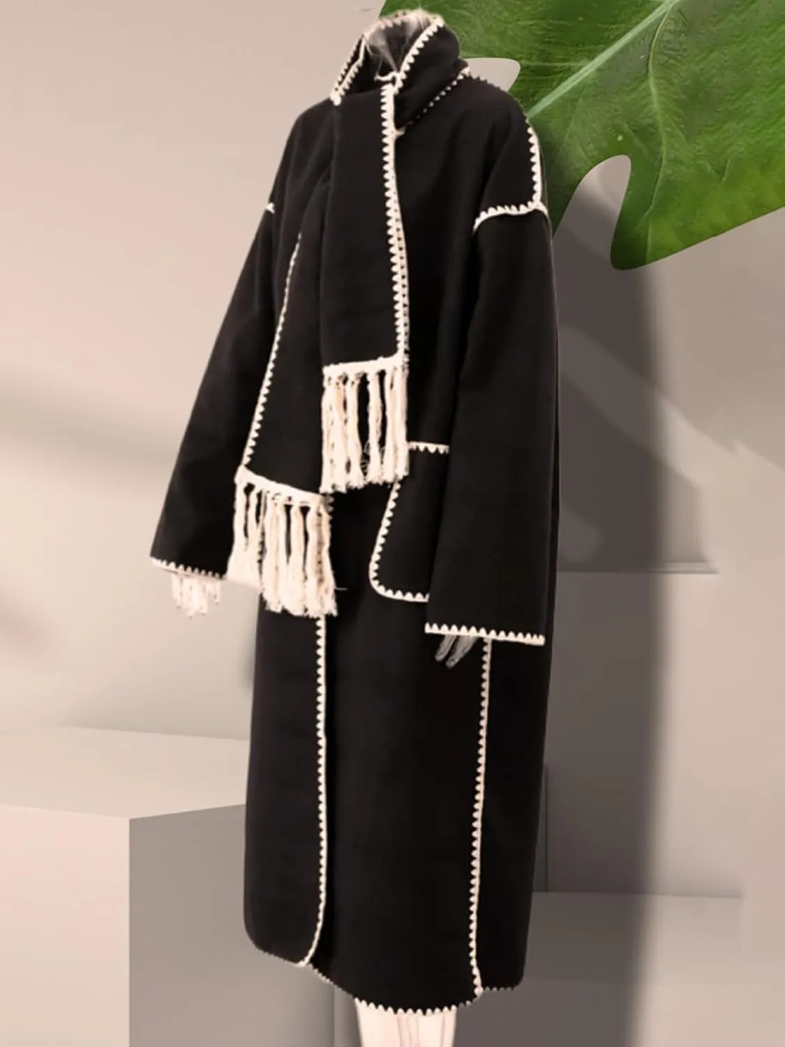 HOTIAN Womens Embroidered Scarf Jacket Oversized Extremely Long Wool Blend Coat Outerwear with Removable Tassel Scarf