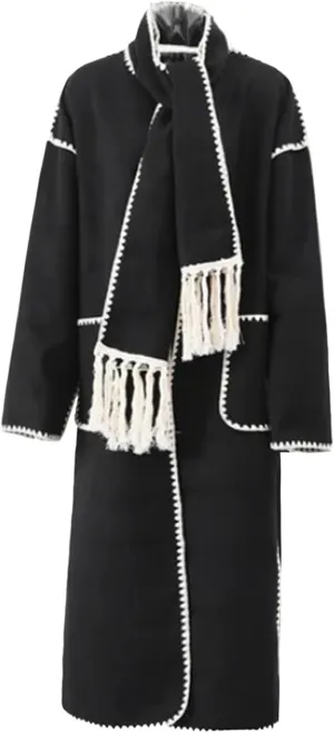 HOTIAN Womens Embroidered Scarf Jacket Oversized Extremely Long Wool Blend Coat Outerwear with Removable Tassel Scarf