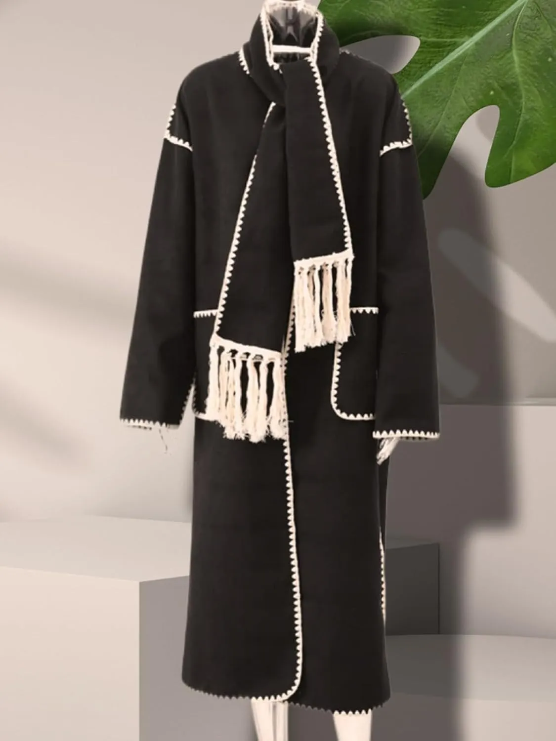 HOTIAN Womens Embroidered Scarf Jacket Oversized Extremely Long Wool Blend Coat Outerwear with Removable Tassel Scarf